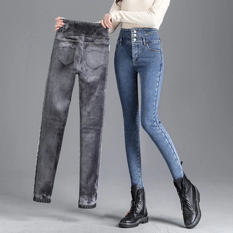 Thermal Winter Thick Fleece Highwaist Warm Skinny Jeans Women Stretch Button Pencil Pants Mom Casual Velvet 250227