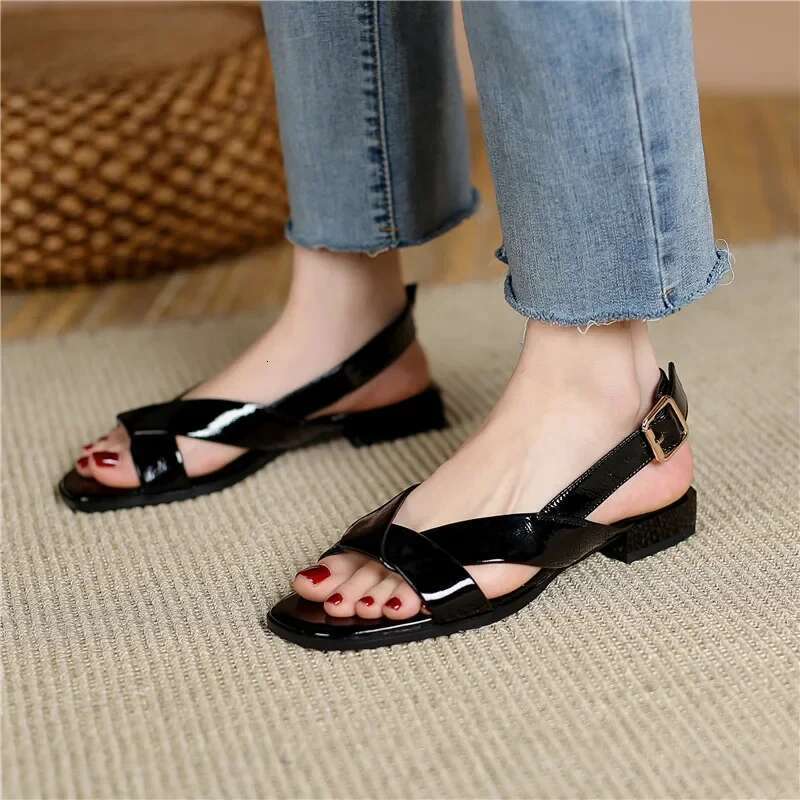 Genuine 2025 New Leather Women Low Heel Square Toe Casual Shoes Summer Comfortable Ladies Sandals Black Beige Size 35-42