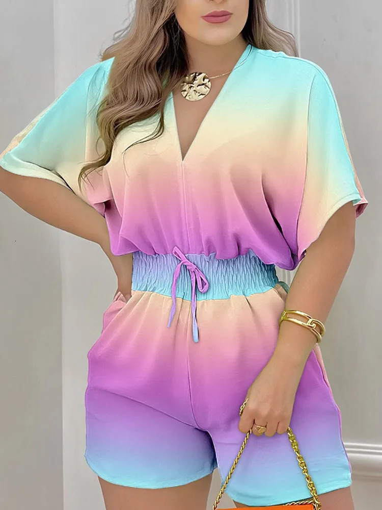 Elegant Women Summer Jumpsuit Casual Short Sleeve V Neck Lace-up Print Romper Jumpsuit Shorts Womens Clothing Overalls Female 250303
