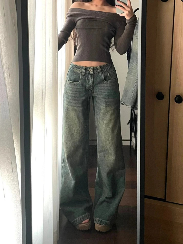 HOUZHOU Y2k Vintage Baggy Jeans for Women Washed Casual High Waist Loose Denim Pants Streetwear Korean Wide Leg Jeans Trousers 250228