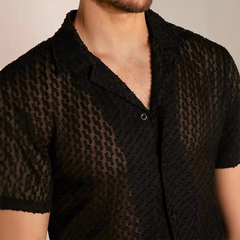 Mens Hollow Out Mesh Lace Short Sleeve Shirt Leisure Fashion Lapel Party Jacquard Button-down See-through Clothing S-2XL 250304
