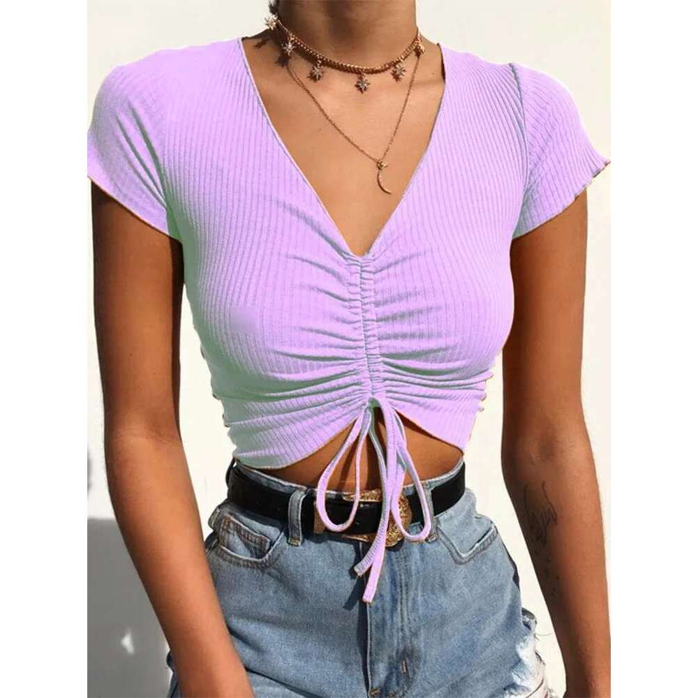 V Neck Sexy Cropped Tank Tops Women Drawstring Tie Up Front Camis Candy Colors Streetwear Slim Fit Ribbed Crop Top