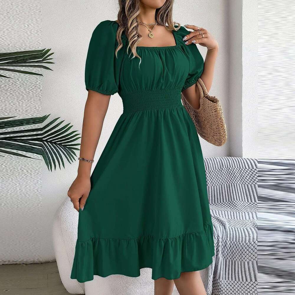 Elegant Women Spring Summer Puff Sleeve A e Vestidos Square Neck Tie Waist Ruched Casual Solid Long Dress