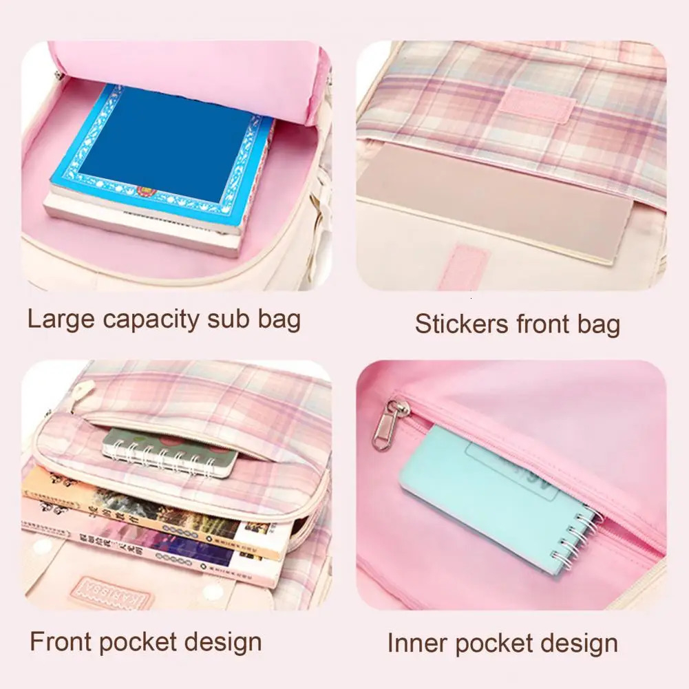 Ship from US Oxford Fabric Backpack Sweet Color Student with Plush Doll Pendant Capacity Multi Compartments School Bag for Pupils 250304FBB