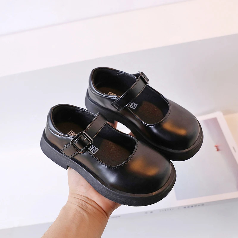 Girls Leather Shoes Versatile Buckle Black Children Casual School PU Nonslip Kids Fashion Loafers Korean Style 250303