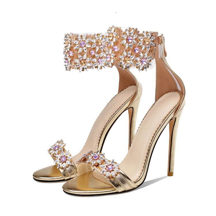 Golden High-Heeled Sandals, Rhinestone Shoes, Flower Back Zipper Women's Shoes
