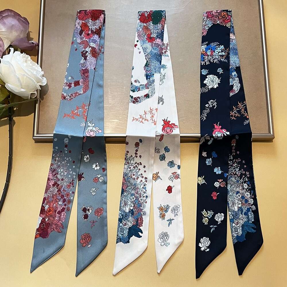 2024 New Narrow Summer Thin Women's Small Strip Clear Flower Clothes Silk Leisure Scarf Dual Use