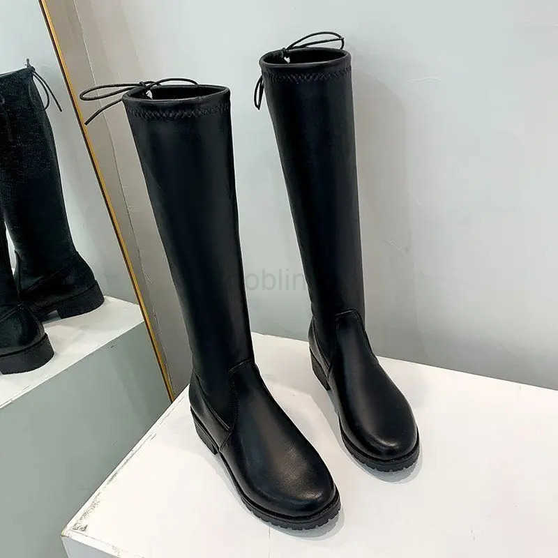 Middle Heel Round Toe Wens Boots Winter Knee High Shaft Black Footwear Biker Long Shoes for Wan Y2k Hot Gyaru S Quality Z250304