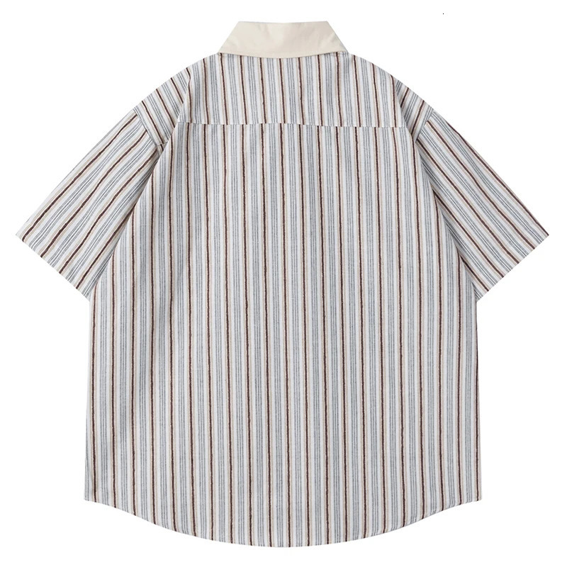 Summer Mens Short Sleeve Shirts Hip Hop Vintage Striped Cartoon Patch Blouses Harajuku Streetwear Casual Fashion Loose Shirts 250227