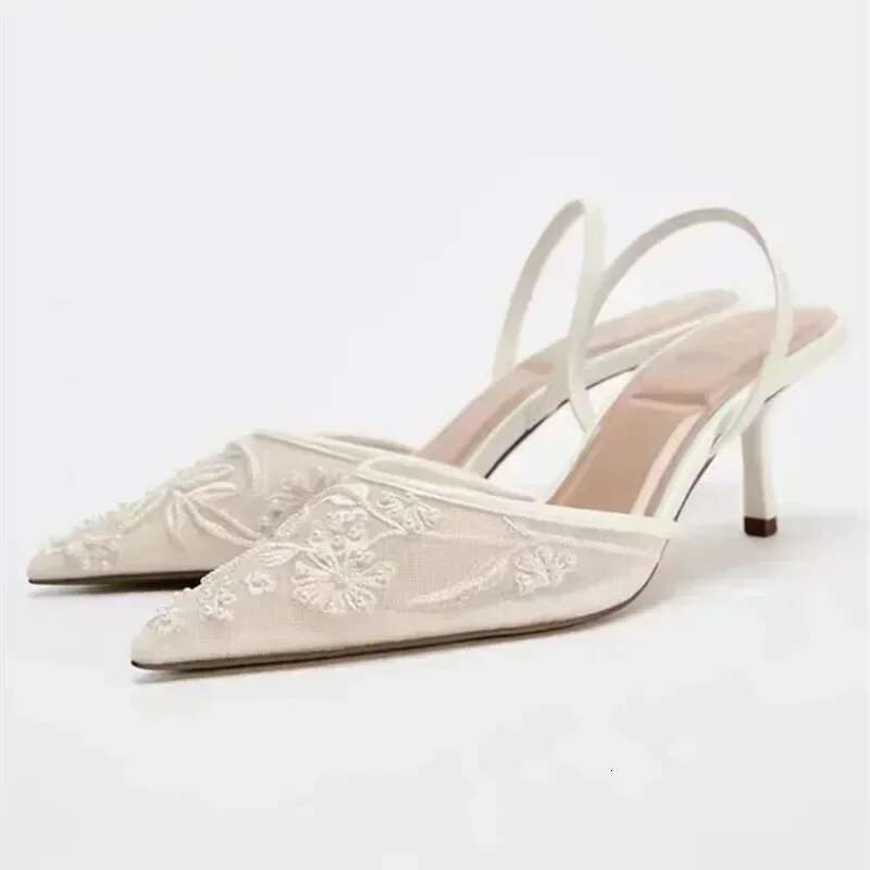 Embroidered Elegant Mesh wers Designer Heeled Sandals Women 2025 Summer Sexy Sgback Pointed Toe Thin High Heels Dress Shoe