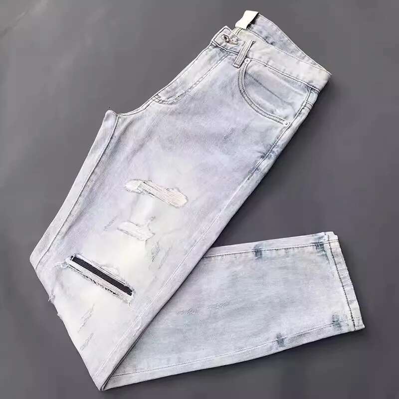 Street Fashion Retro Light Blue Stretch Slim Fit Hip Hop Ripped Jeans Men Patched Designer Vintage Denim Pants Hombre