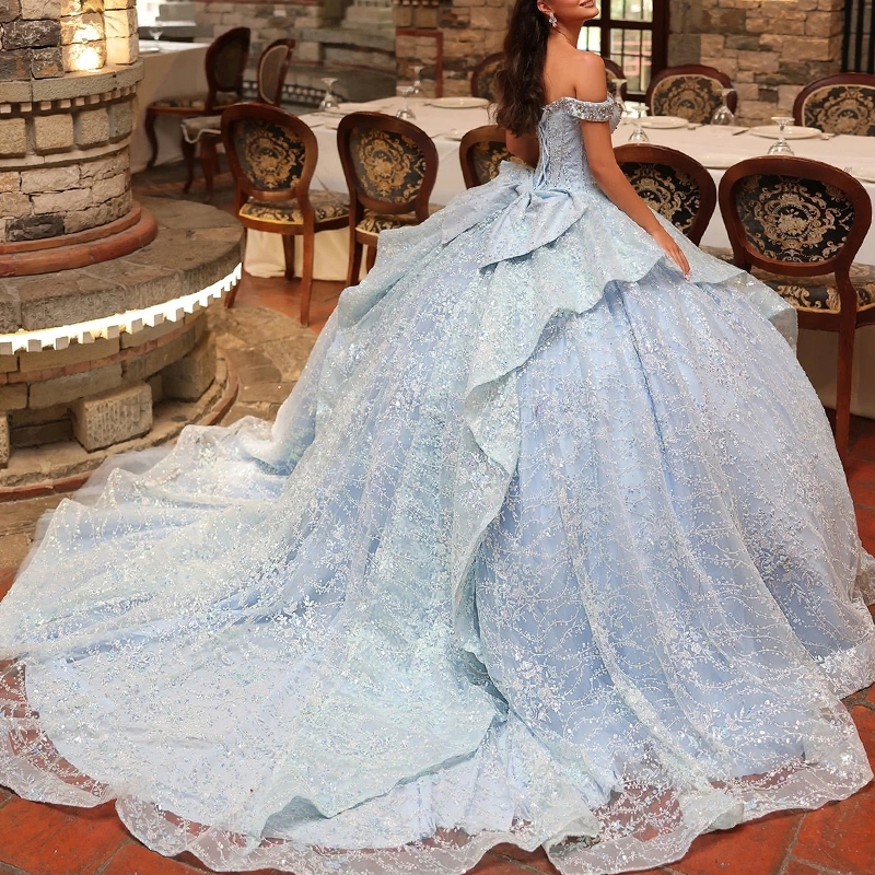Sky Blue Shiny Quinceanera Dresses Ball Gown Off The Shoulder Applique Lace Beading Bow Tull Party Birthday Sweet 16 Vestidos De 15 Anos