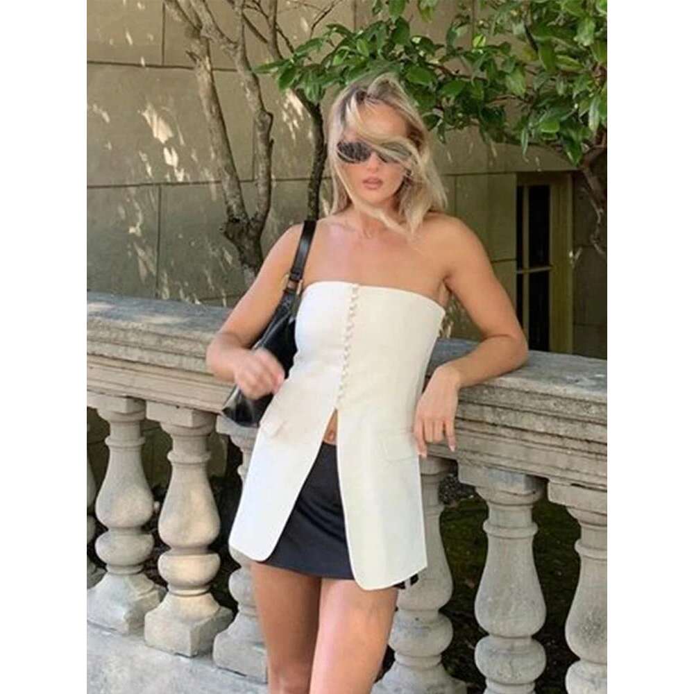 Top Elegant Tube Women Solid Off Shoulder Button Strapless Sleeveless Female Slim Tank 2025 Summer New Fashion Lady Streetwears