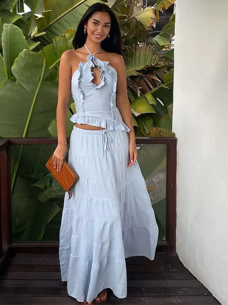 Elegant Ruffle Hollow Out Top Skirt Woman's Set Vintage Sleeveless Halter Slim Tops High Waist Skirts Sets Female Beach Outfits