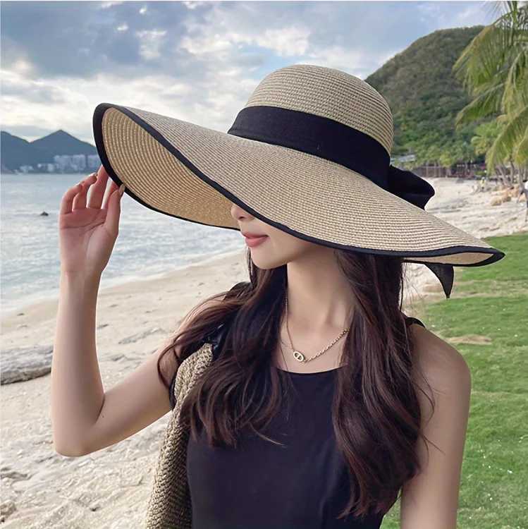 1pc outdoor Seaside woman fashion big Bow large brimmed Sun Protection C Foldable Str HatXJ250304