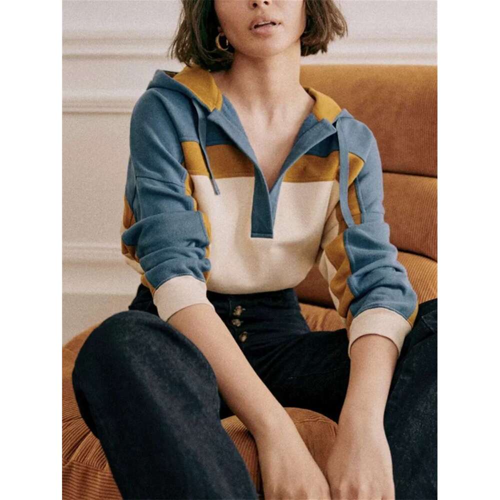 Women's Color Patchwork Hooded Sweatshirt Preppy Style Top Casual Long Sleeve Female Half Zipper Pullover Hoodies