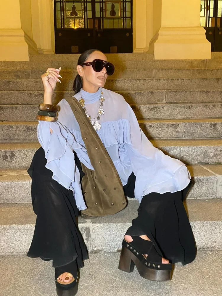 Womens Chic High Neck Gauze Blouses Blue Sheer Ruffle Loose Sleeve Chiffon Shirt Spring Lady Casual Street Vacation Top 250228