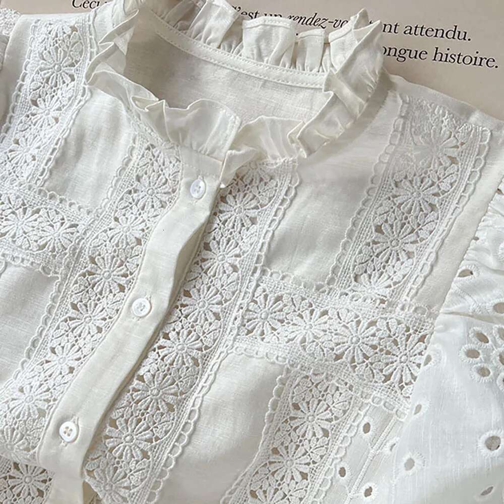 Solid Embroidery Hollow Women Shirt O-Neck Half Sleeve Button Female Cardigan Casual Classic Lady Top 2025
