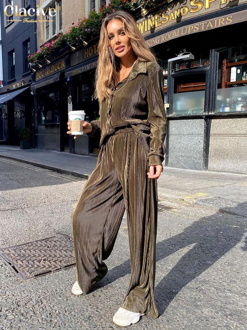 Clacive Casual Loose Shirts Pants Set Woman 2 Pieces Elegant Brown High Waist Pant Fashion Pleated Home Wide Trouser Suits