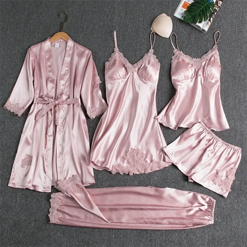 5Pcs Ice Silk Robe Sleep Pajama Set Womens Ventilate Lace Satin Pajamas Gown V-Neck Casual Wear Home Nightwear Spring Sleepwear250304