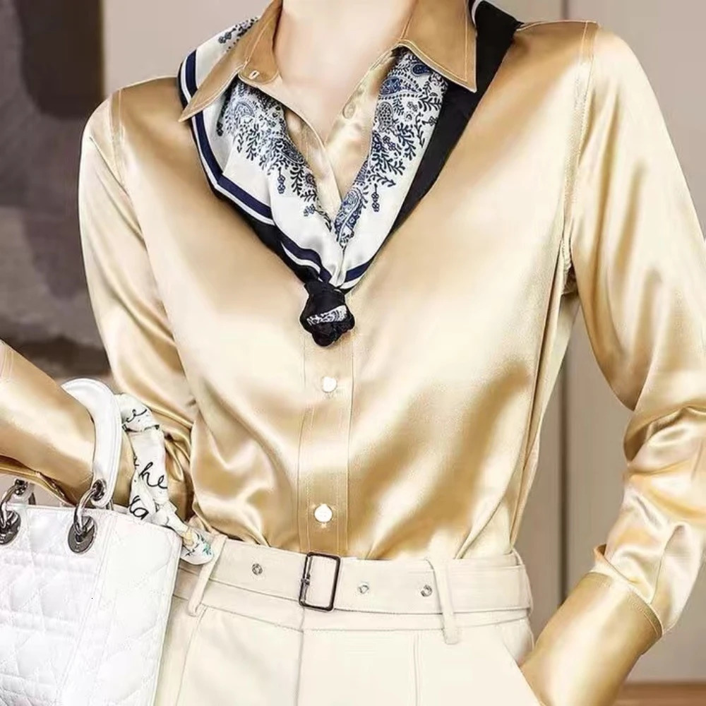 Solid Color Elegant Office Ladys Satin Shirt All-Match Trendy Women Shirts And Blouses Basic Chic Top Autumn French Chic Shirt 250303