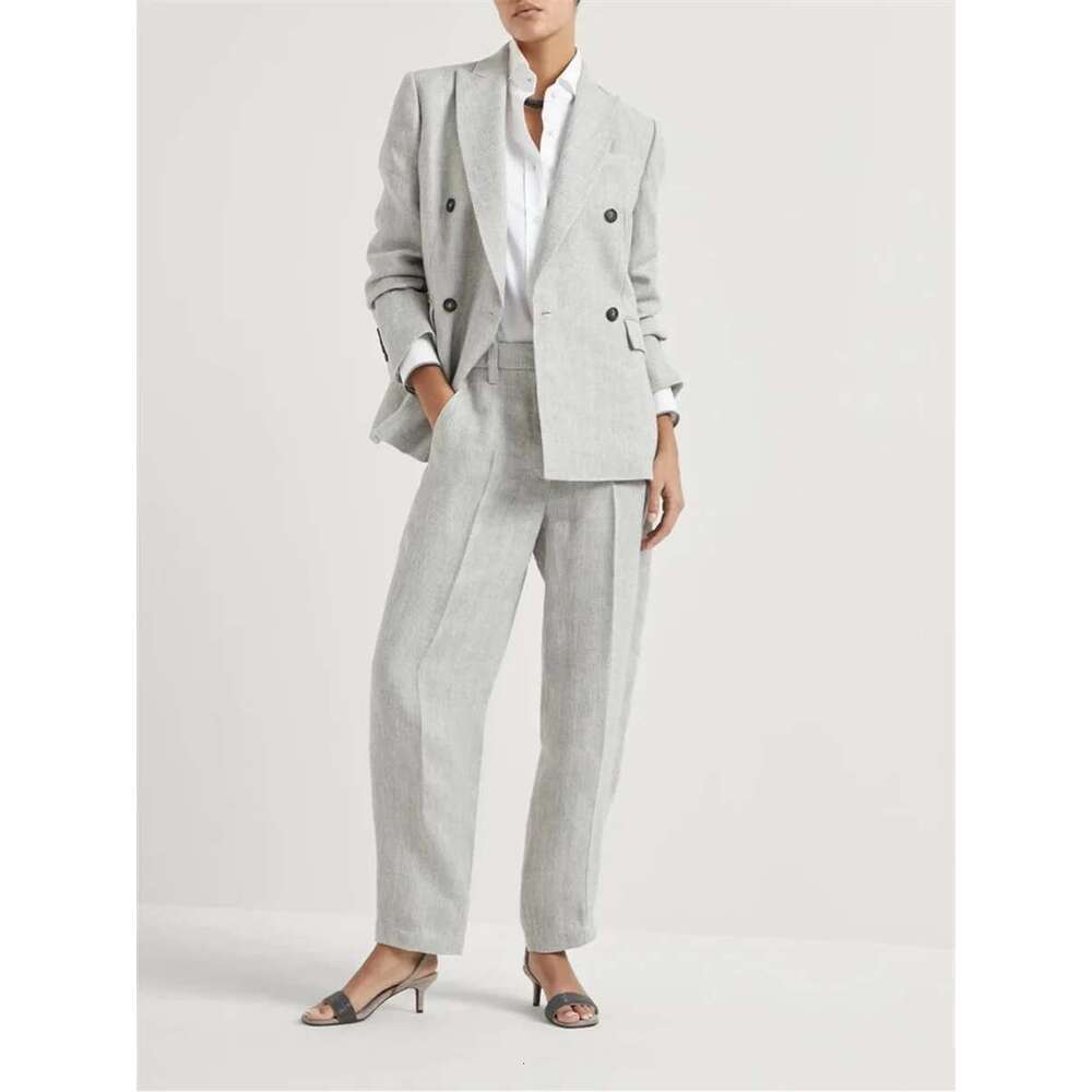 100% En Herringbone Pattern Set Women Double Breasted Sleeve Blazer Vest Or Long Pants Female Suit