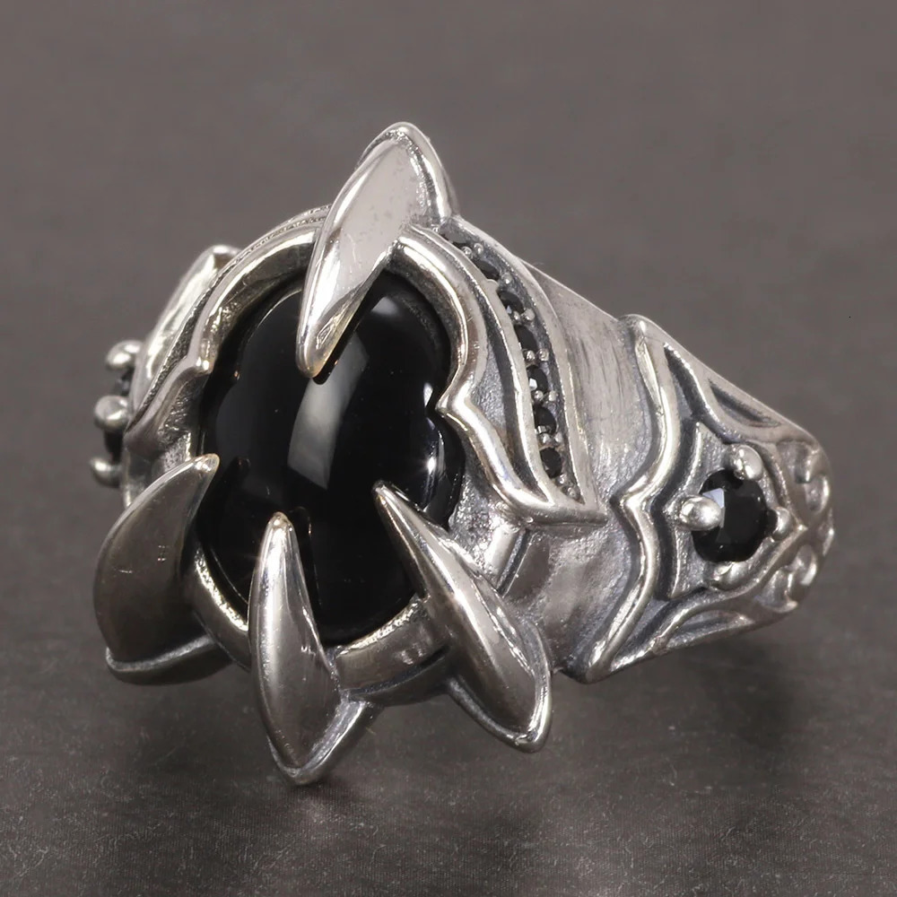 Real Pure 925 Silver Ring Cool Antique Paw Ring Mens Natural Stone Oval Black Agate Retro Hip Hop Adjustable Jewelry 250227