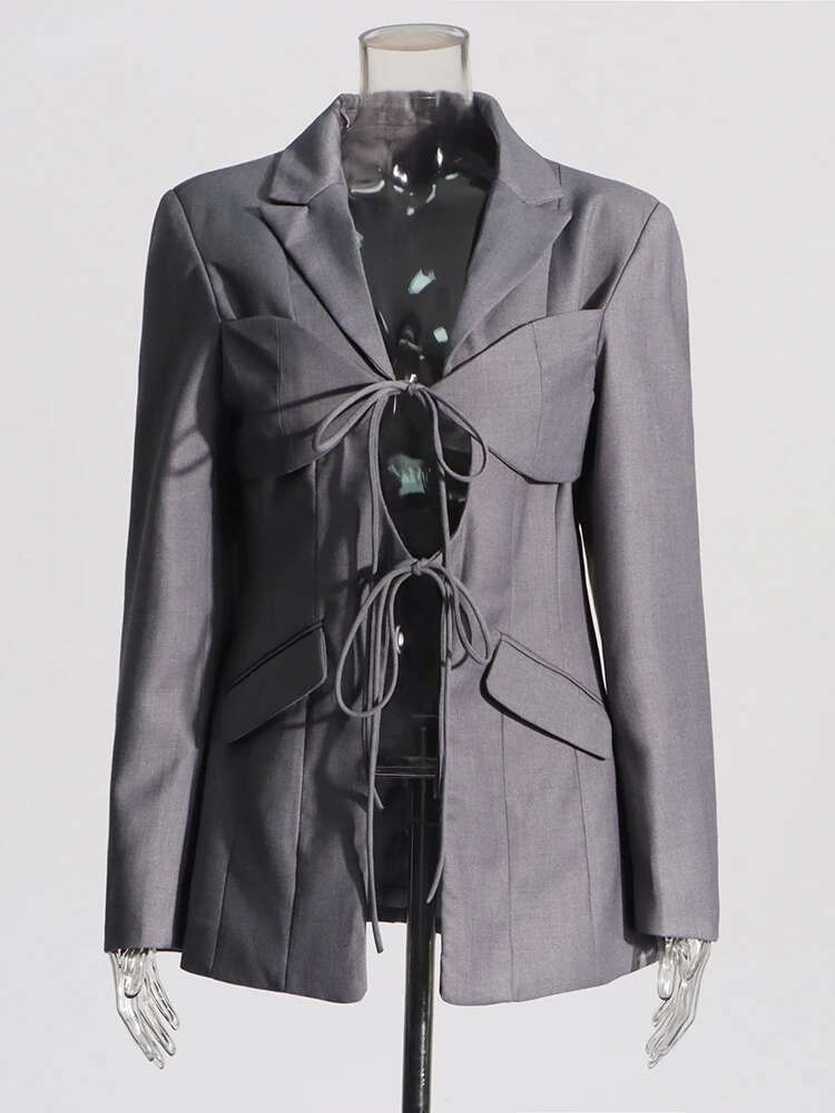 Solid Hollow Out Patchwork Lace Up Blazer For Women Notched Collar Long Sleeve Spliced Pocket Chic Blazers Female