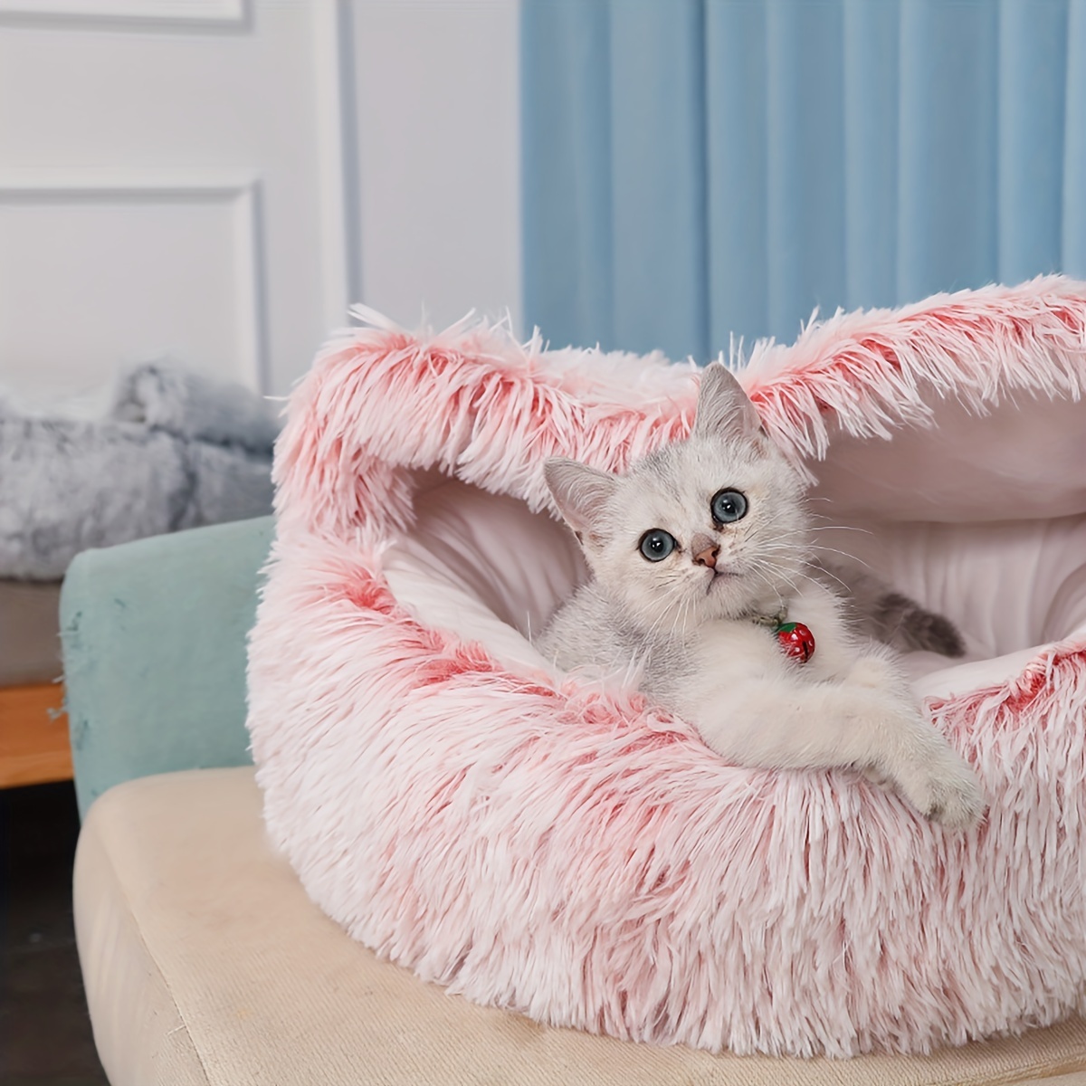 2 in 1 Soft Plush Pet Bed with Cover Round Cat Bed Pet Mattress Warm C Cat Dog Sleeping Nest Cave for Small Dogs kitten