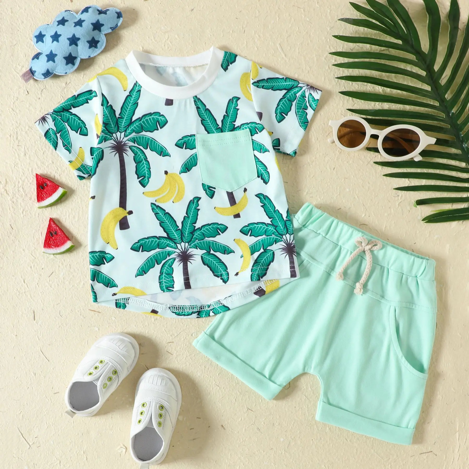 2Piece Sets Summer born Boy Clothes Fashion Casual Print Beach Short Sleeve Cotton TopsShorts Baby Boutique Clothing BC216 250304