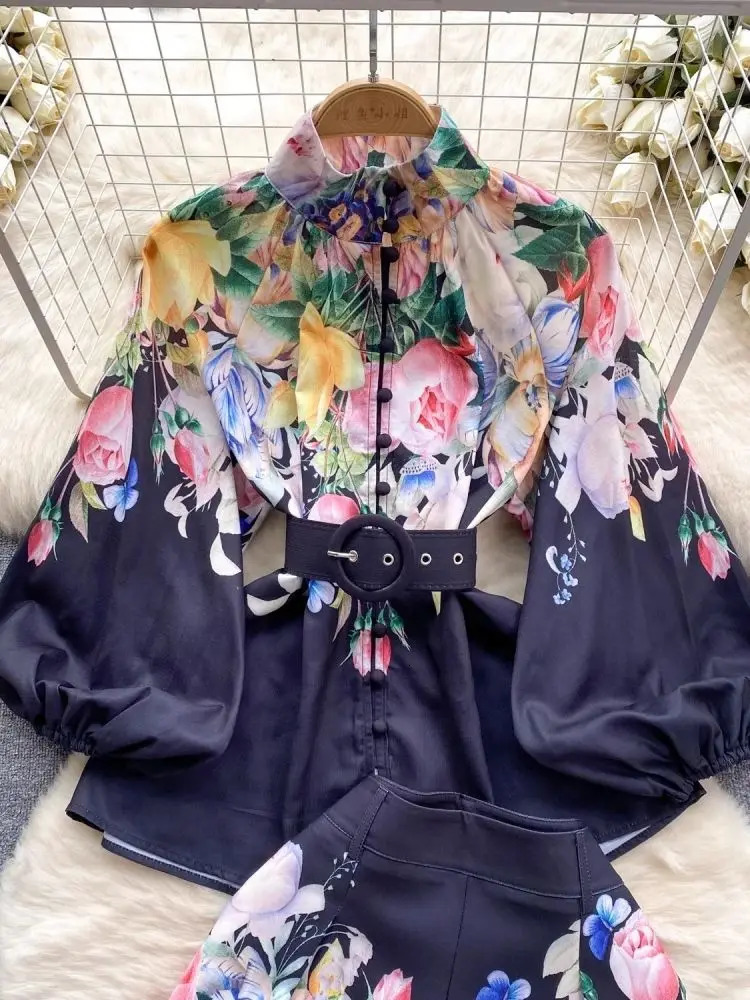 Summer Holiday Tulip Floral 2 Pieces Set Womens Linen Stand Lantern Sleeve Belt Shirt Top Flower Print Wide Leg Shorts Suits 250304