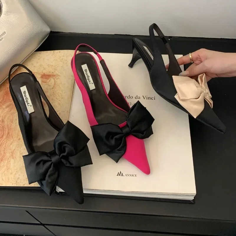 Designer Bow Slingback Sandals Wen Summer New Fi Pointed Toe High H Fem Hollow Elegant Dress Shoes Wen Pumps Z250304