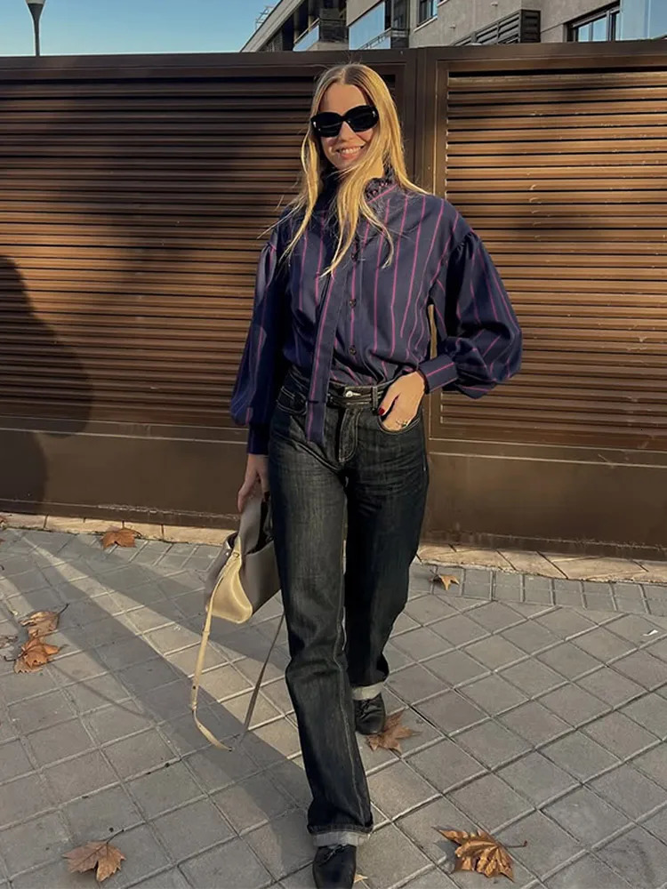 Womens Unique Striped Lace Up Bow Stand Up Collar Top Fashion Casual Bubble Sleeve Single Breasted Shirt Chic Outerwear 250228