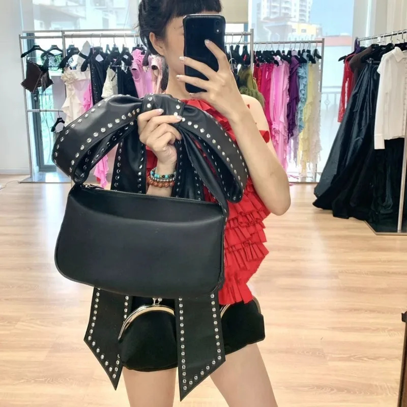 Rivet Black Shoulder Bag Bow Tie Fahsion Handbag PU Grunge Punk Cross Bag Zipper Street Bag Womens 250228