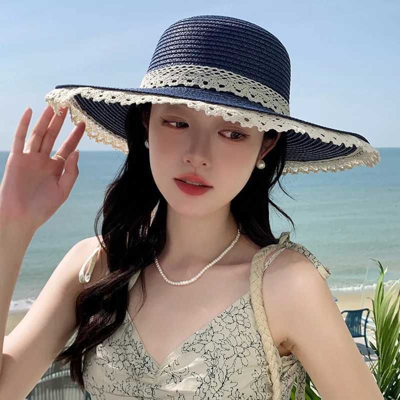Summer Womens Sun Hat with Lace Brim and Bow Decoration Wide Brim Woven Design UV Protection Polyester Shade HatXJ250304