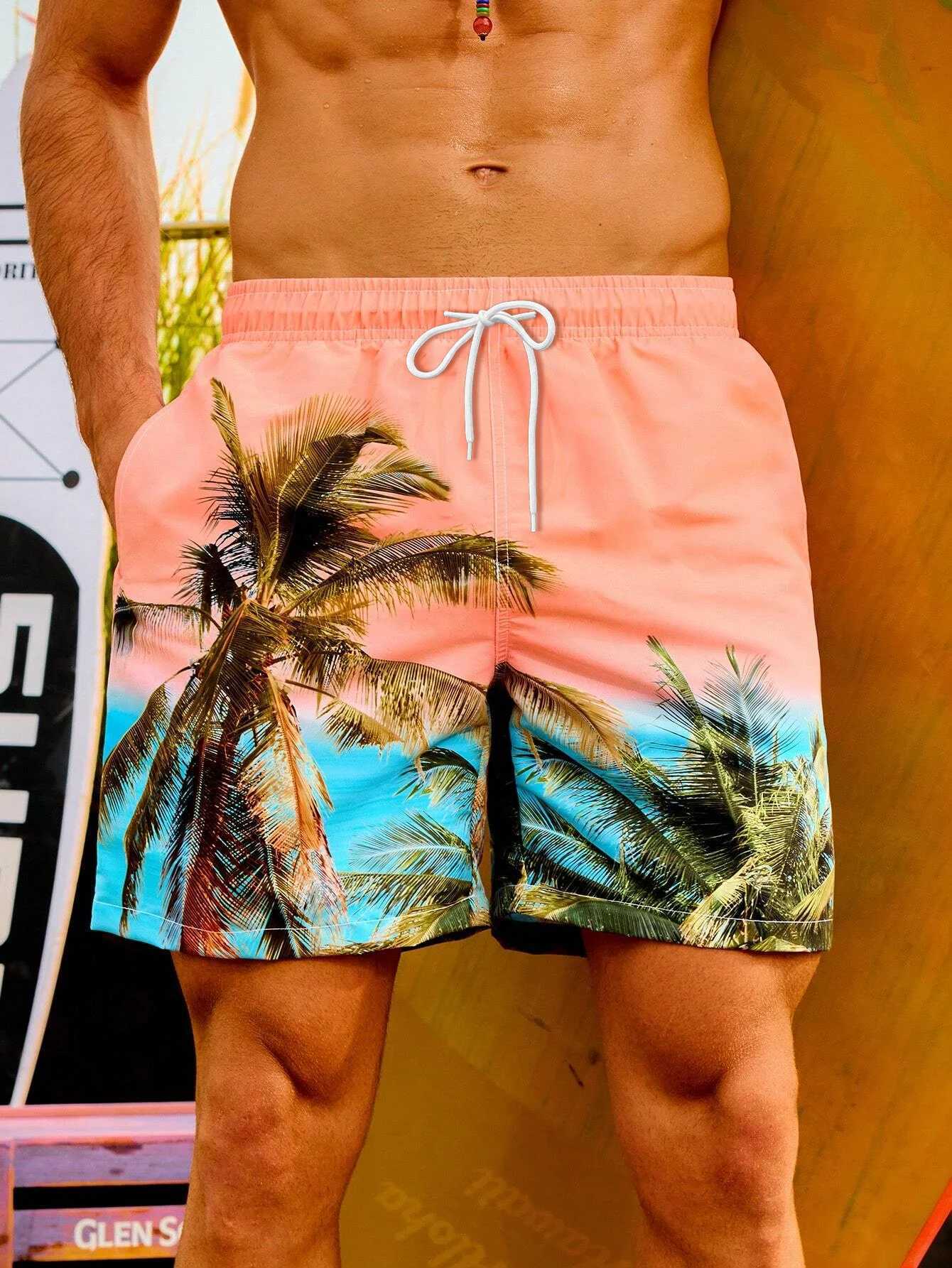 3d Coconut Tree Print Mens Casual And Fashionable Beach Loose Shorts Summer Plus Size HawaiianDrawstringSurfingPolyesterShortsT250304