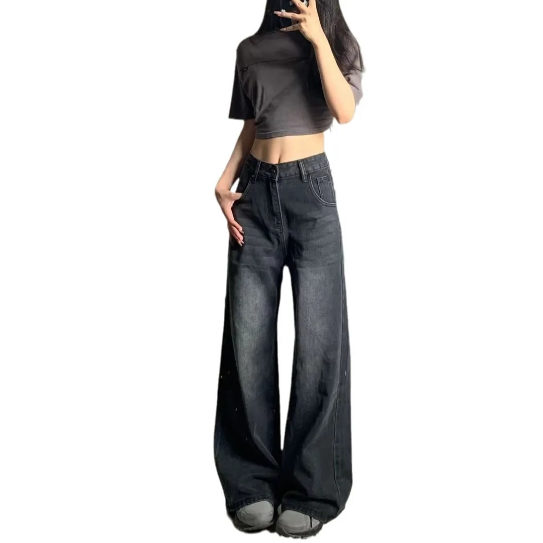American Retro 2025 Spring and Summer Highwaist Slim Straight Wideleg Floor Pants Black Gray Jeans for Women 250227