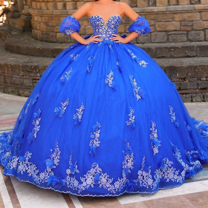 Royal Blue Shiny Quinceanera Dresses Ball Gown Off The Shoulder Applique Lace Beading Crystal Tull Party Birthday Sweet 16 Vestidos 15 De anos