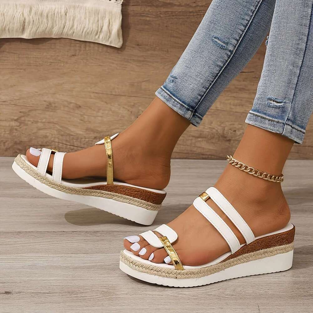 Summer Casual 2025 Color Blocking For Women Dr Comfortable Soft Leather Thick Soled Slope Woven Straw Sandals