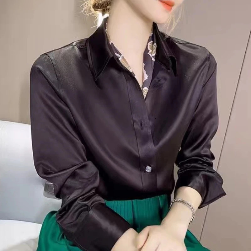 Solid Color Elegant Office Ladys Satin Shirt All-Match Trendy Women Shirts And Blouses Basic Chic Top Autumn French Chic Shirt 250303