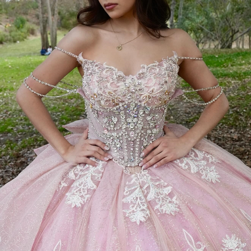 Pink Shiny Quinceanera Dresses Ball Gown Off The Shoulder Applique Lace Beading Crystal Bow Tull Party Birthday Sweet 16 Vestidos 15 De Anos