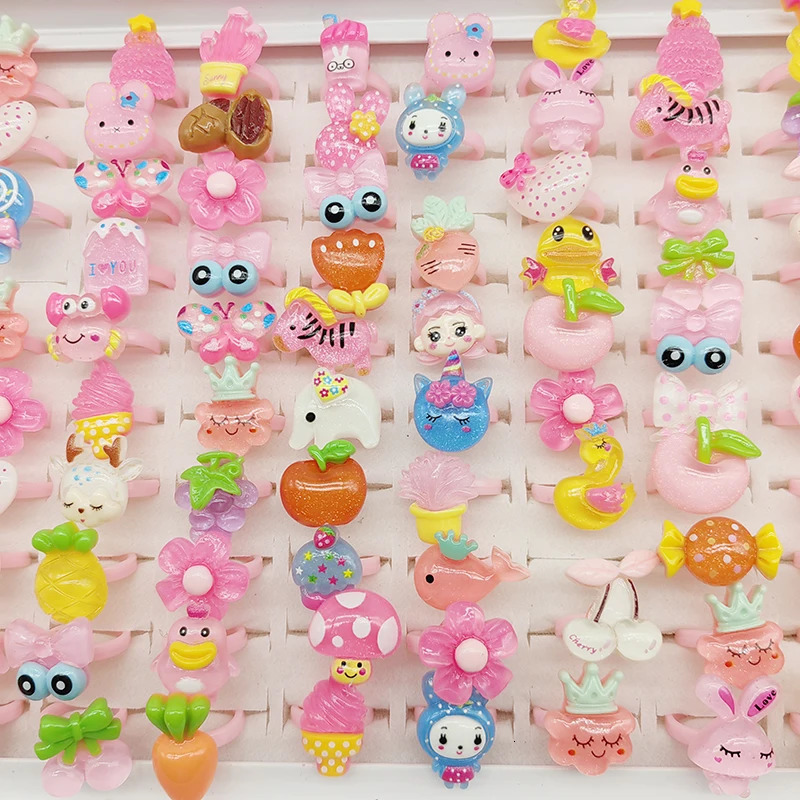 100pcs/Lot Factory Wholesale Open Adjust Child Finger Rings for Party Cosplay Show Resin Jewelry Cute Girls Animal Foods Fruits 250304