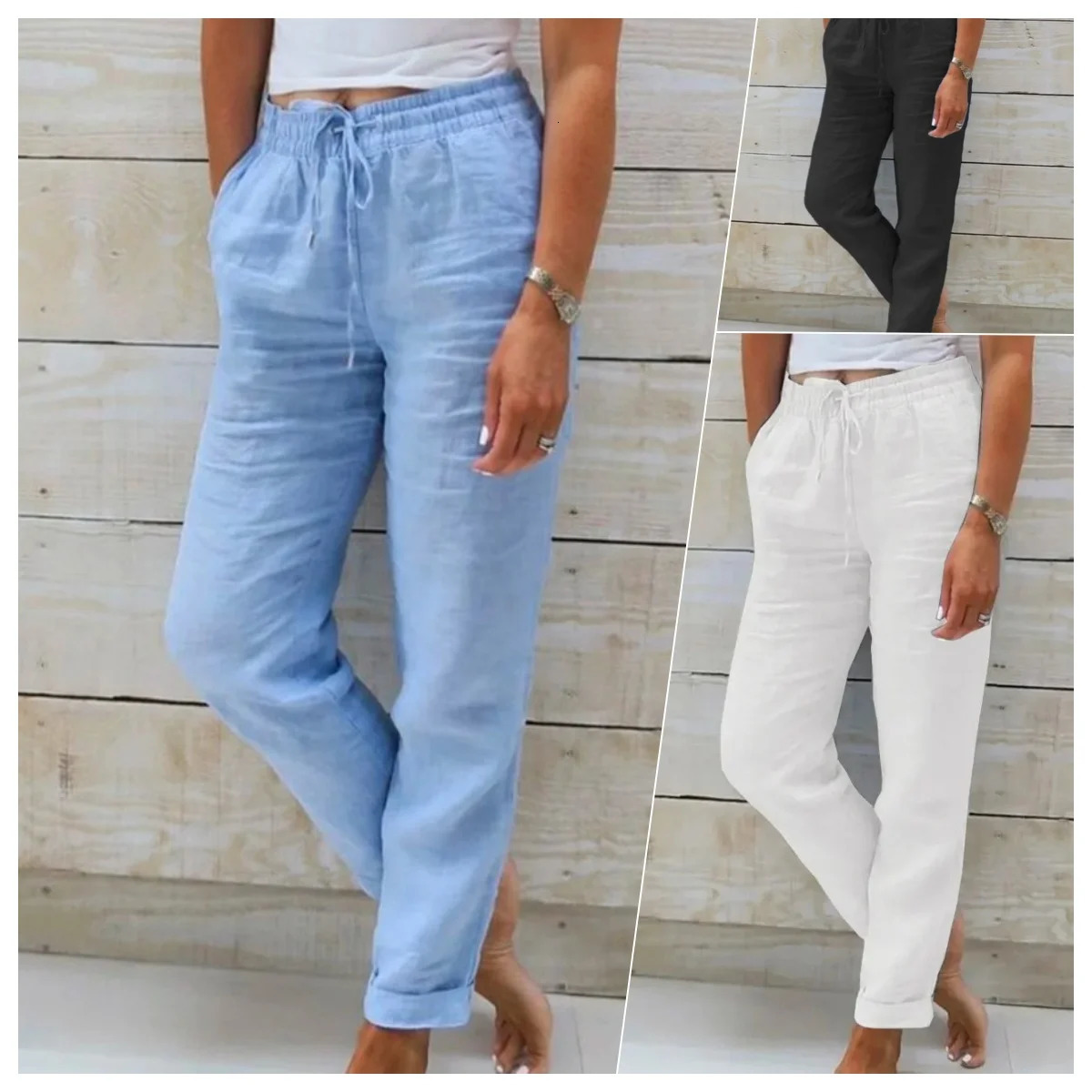 Cotton Linen Summer Pants for Women High Waist Elastic Casual Trousers Streetwear Solid Female Clothes Loose Pencil Pants 250303