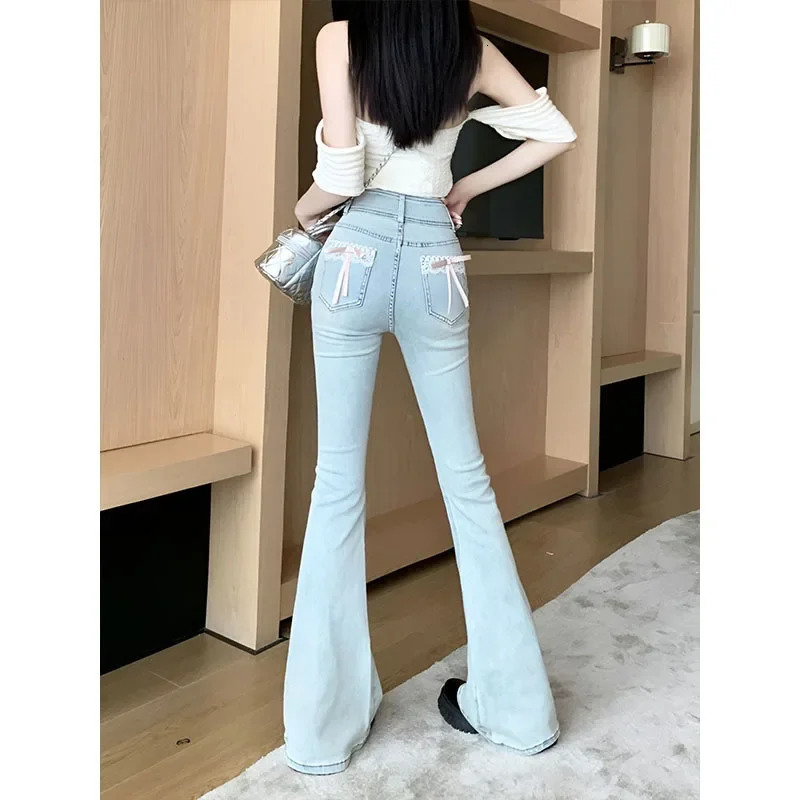 Spring Autumn Spicy Girl Bow Micro Flared Jeans petite high waist weight loss elastic horse leg straight Trouser 250227