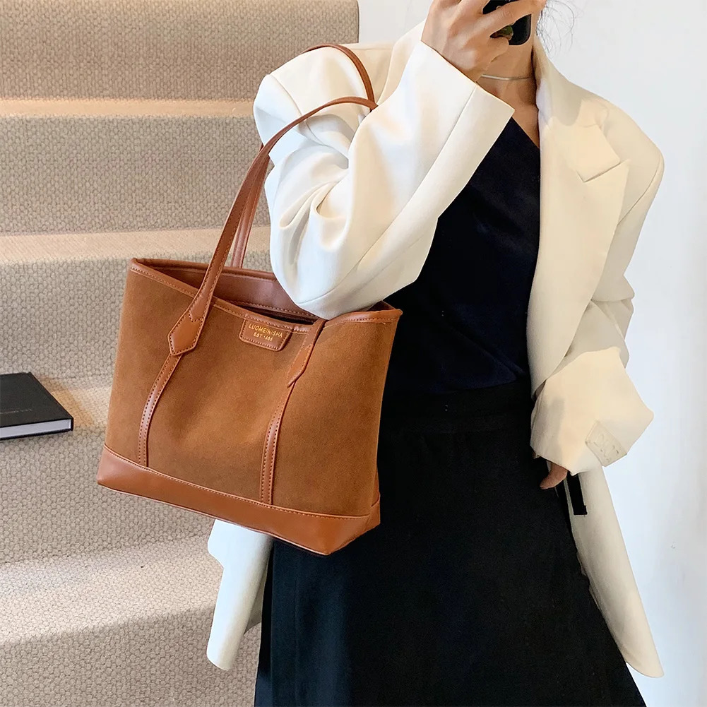 Women Suede Shoulder Bag With Zipper Handbag Retro Solid Color Shopping Daily Travel Makeup 250303