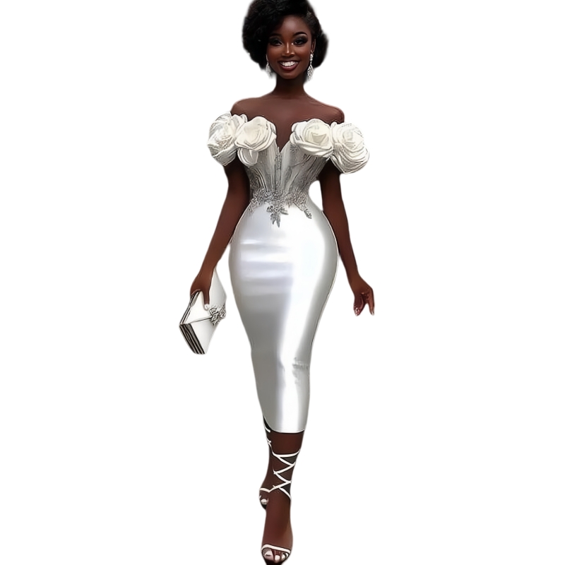 Off Shoulder Sheath Prom Dresses With Hand Made Flowers Corset African Aso Ebi Tea Length Sexy Evening Gowns Appliques Beaded Simple Satin Birthday Dr