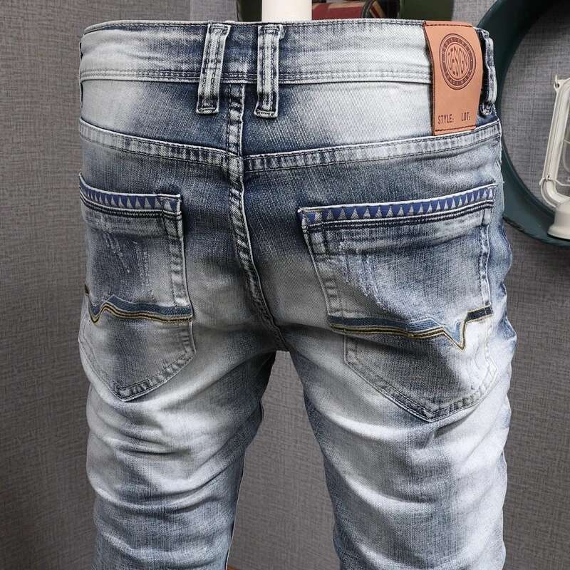 Fashion Designer Retro Light Blue Stretch Slim Fit Printed Ripped Jeans Men Hole Trousers Vintage Casual Pants Hombre
