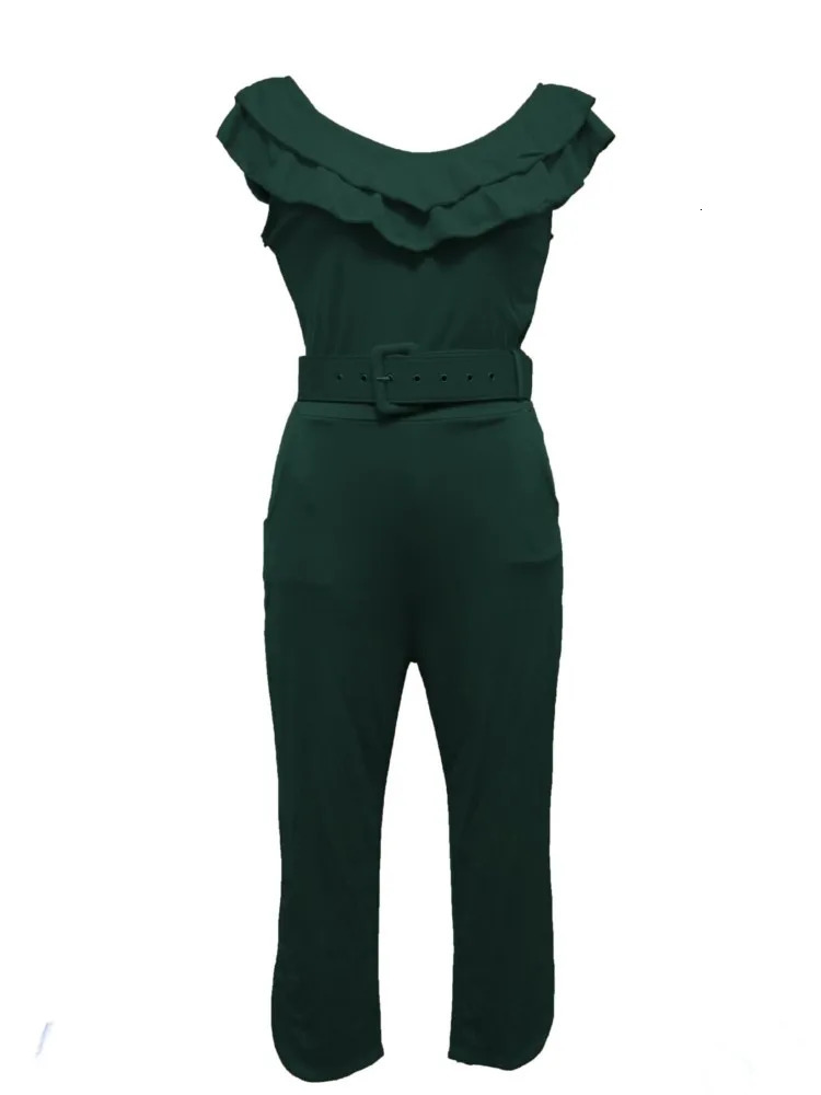 Summer Fashion Off The Shoulder Women Jumpsuit Pleated Ruffles Leg High Waist Slim Female Solid Color Romper Belt Not Included 250303