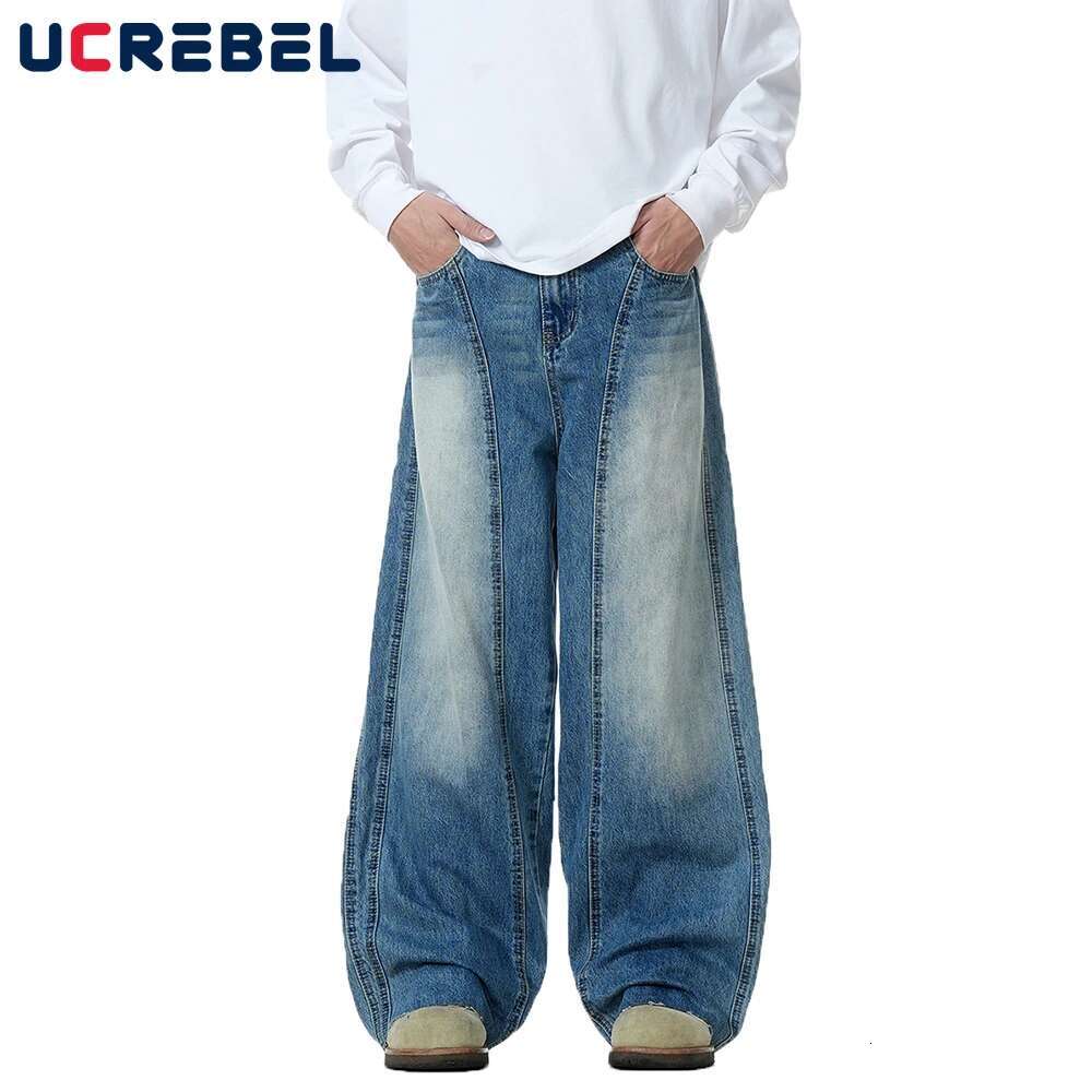 Spliced Denim Wide Leg Pants Mens Pocket Retro High Street Loose Washed Distressed Raw Edge Jeans Men Trousers