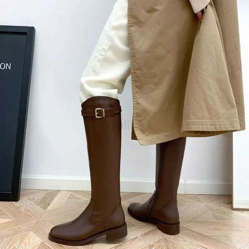 Black Elegant with Low H Shoes for Wan Long Brown Wens Boots Winter Knee High Shaft Stylish Last Pr Goth Z250304